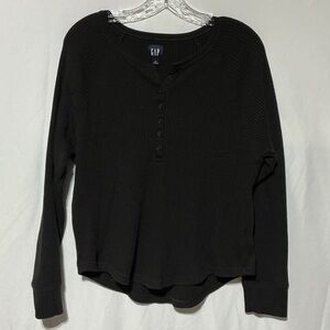 GAP Women's Black Waffle Knit Thermal Henley Long Sleeve Shirt Sz S